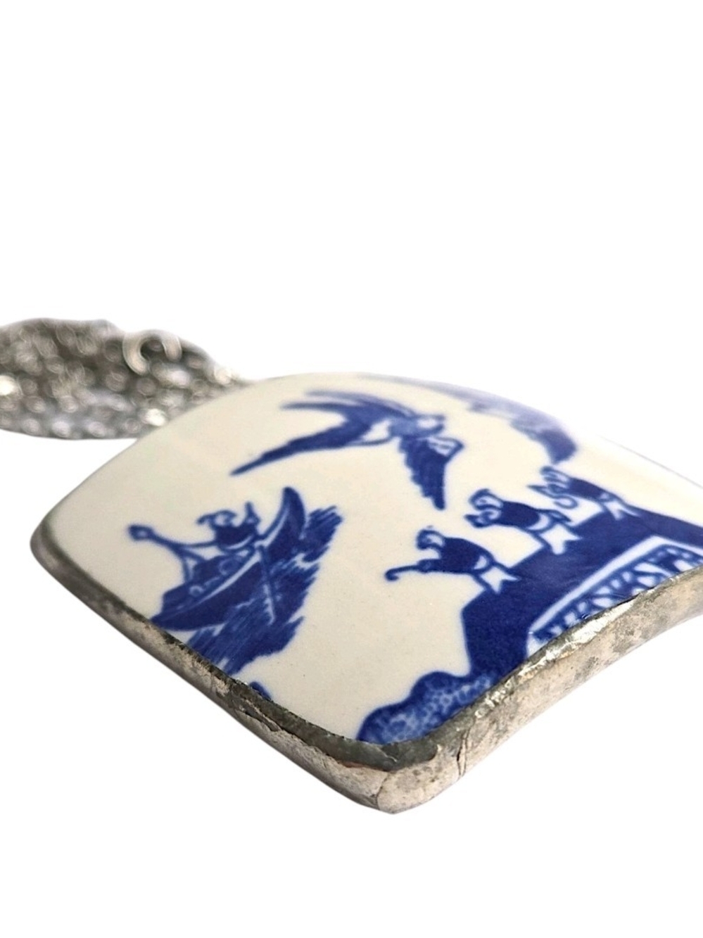 Blue Willow Love Birds Broken China Pendant Necklace